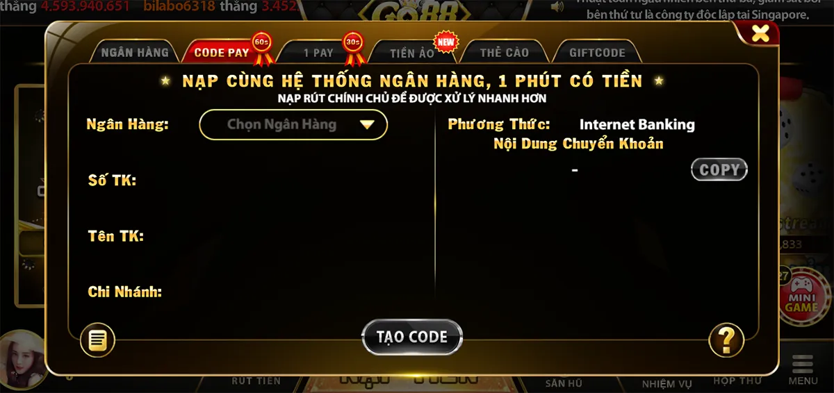 Nạp tiền Codepay tại Go88