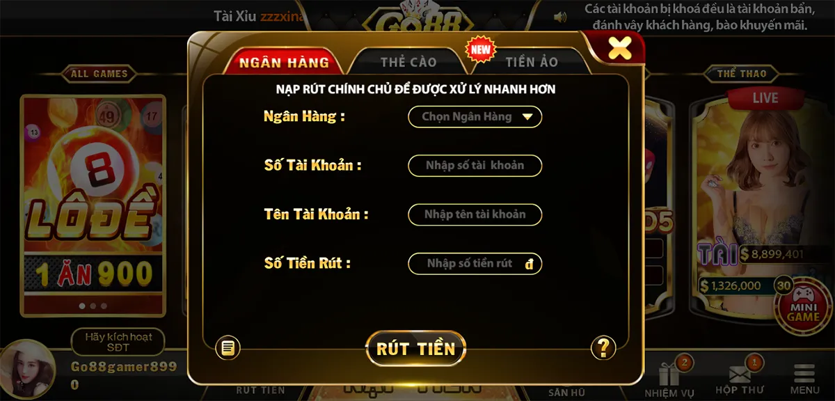 Hướng dẫn rút tiền tại Link tải Go 88