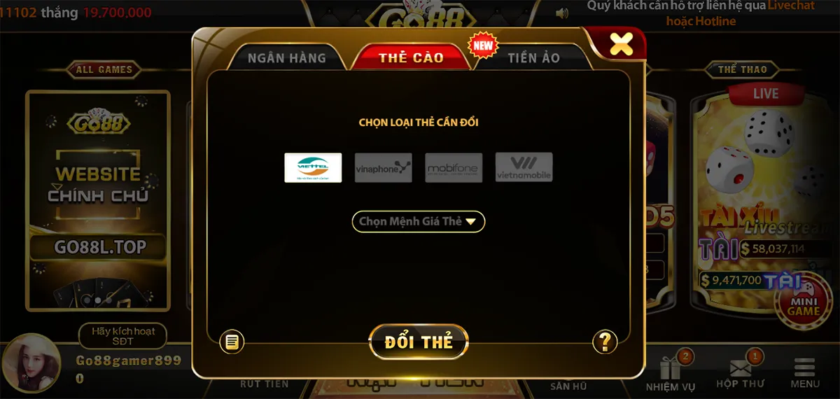 Rút tiền Go 88 bằng thẻ cào